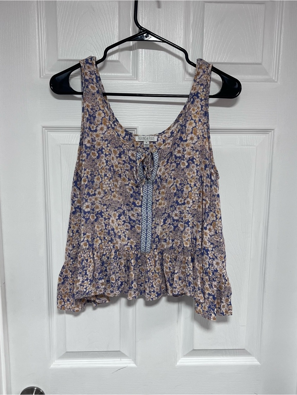 Patrons of Peace Blue and Cream Floral Ruffle Tank Camisole Size M